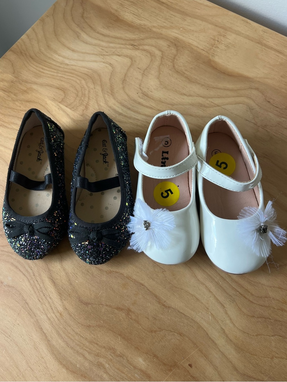 2 Pair: White Patent-look, Black Glittery Flats Sz 5 Toddler